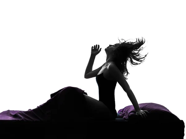 One Woman Happy Awakening Sitting Bed Bed Silhouette Studio White — Stock Photo, Image