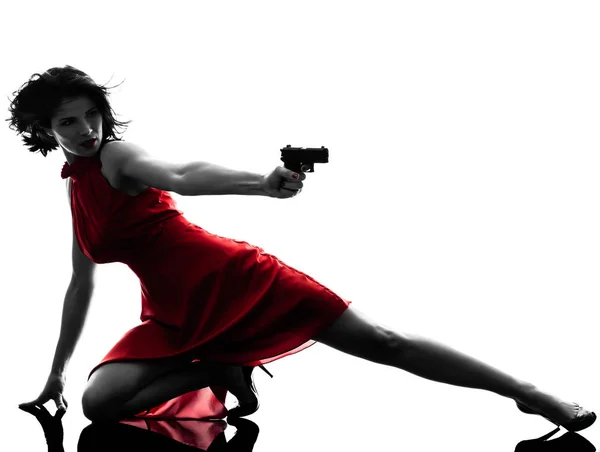 One Sexy Caucasian Woman Holding Gun Silhouette Studio Isolated White — Stock Photo, Image