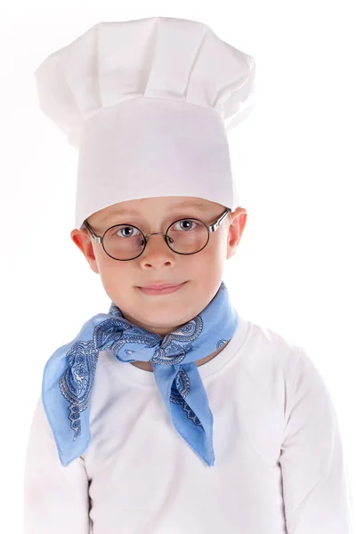 Pequeña Chica Chef Uniforme Con Sombrero Gorra Blanca Aislada Sobre — Foto de Stock