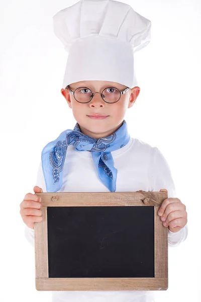 Petite Fille Chapeau Chef Tenant Tableau Noir Avec Tableau Blanc — Photo