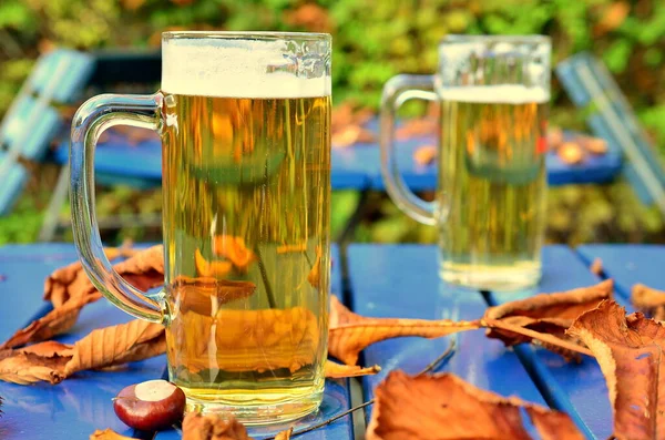 drinking beer in autumnal beer garden