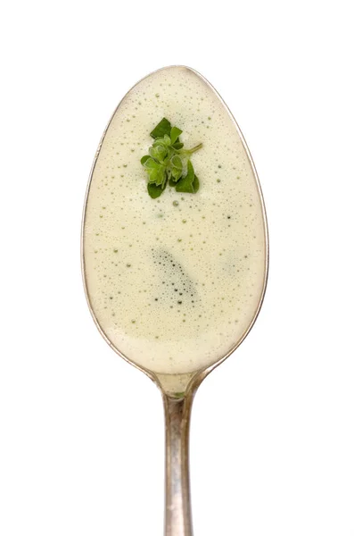 Spoon Foam Herb Soup Marjoram — Stock Photo, Image