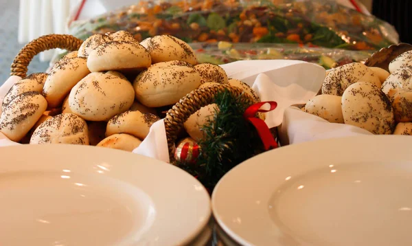 Banquet Food Table Plates Bread Rolls — Stock Photo, Image