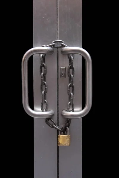 Pair Silver Entrance Doors Securely Shut Chain Padlock — Stock Photo, Image