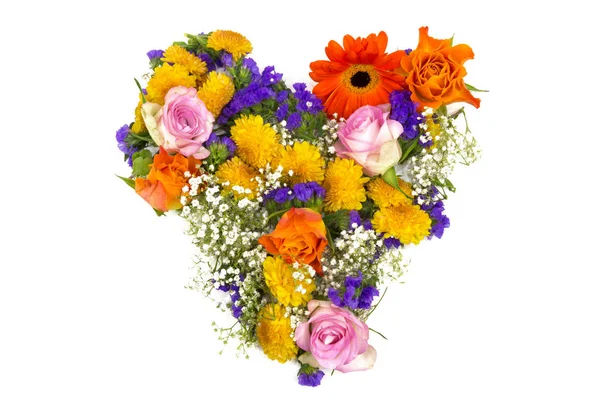 Blumenschmuck Aus Rosen Statik Zigeunerblumen Chrysanthemen Ringelblume Und Einem Herz — Stockfoto
