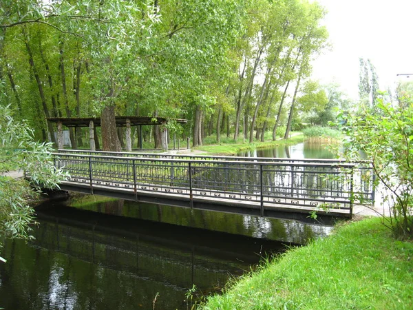 Ωραία Γέφυρα Κατά Μήκος Του Ποταμού Στο Πάρκο — Φωτογραφία Αρχείου
