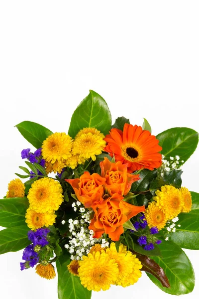 Ein Strauß Rosen Statik Zigeunerblumen Chrysanthemen Und Ringelblumen — Stockfoto