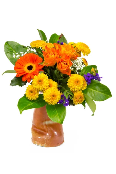 Bouquet Roses Statice Gypsophila Chrysanthemum Marigold Flowers Vase — Stock Photo, Image