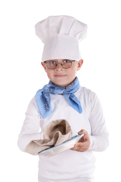 Chef Kok Uniform Met Een Dienblad Van Voedsel Geïsoleerd Wit — Stockfoto