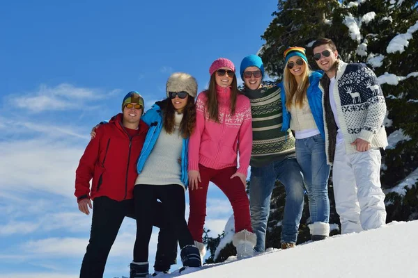 Grupo Jovens Felizes Divertir Desfrutar Neve Fresca Belo Dia Inverno — Fotografia de Stock