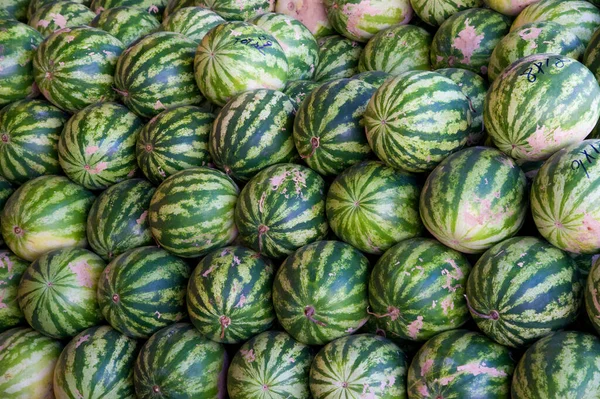 果物市場における緑のスイカの山 — ストック写真