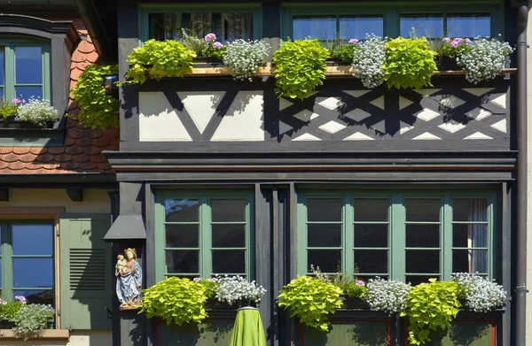 Schwarzwald Gengengenbach Domy Drewniane Kwiaty Oknie Zewnątrz — Zdjęcie stockowe