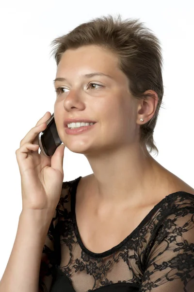 Młoda Kobieta Wieczorowej Sukni Telefon Białym Tle — Zdjęcie stockowe