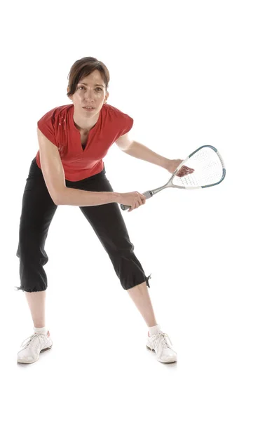 Mulher Adulta Sportswear Está Jogando Squash Frente Fundo Branco — Fotografia de Stock