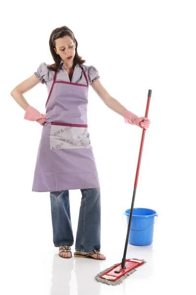 Housewife Cleaning Lady Long Dark Blond Hair Apron Housework White — Stock Photo, Image