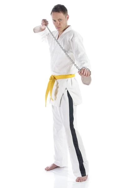 Ember Csinál Jiu Jitsu Harci Gyakorlatok Tipikus Fehér Öltöny Mentesül — Stock Fotó