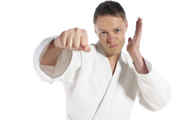 Ember Teszi Jiu Jitsu Harcművészeti Gyakorlatok Tipikus Fehér Öltöny Megjelent — Stock Fotó