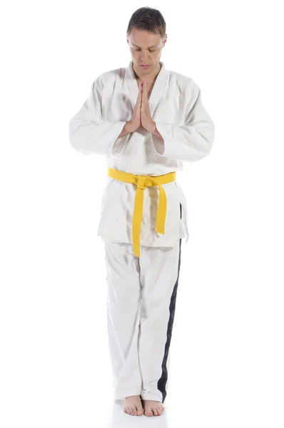 Homme Fait Des Exercices Martiaux Jiu Jitsu Costume Blanc Typique — Photo