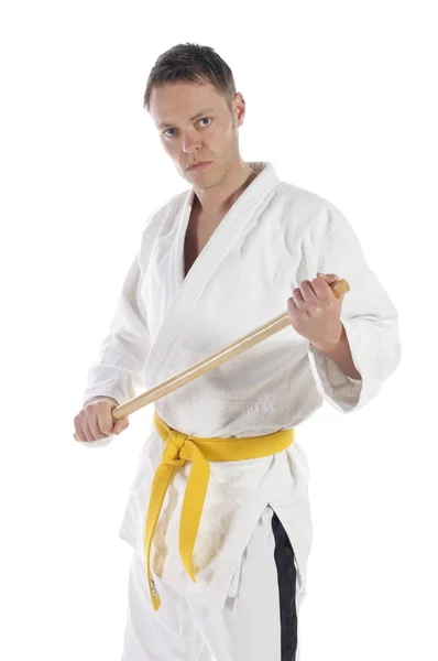 Ember Csinál Jiu Jitsu Harci Gyakorlatok Tipikus Fehér Öltöny Mentesül — Stock Fotó