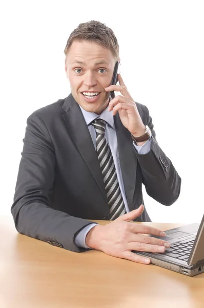 Young Businessman Suit Tie Sitting Desk Working His Notebook Phoned — Stock Photo, Image