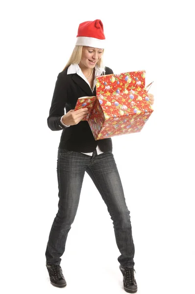 Jolie Jeune Femme Blonde Avec Arbre Noël Cadeaux Devant Fond — Photo