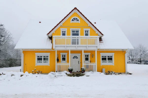 Yellow Wooden House Nordic Style Frontal Covered Snow Winter — Stock Photo, Image