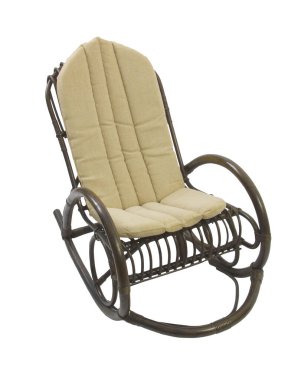 rocking chair made of dark rattan with bright textile pad against white background clipart