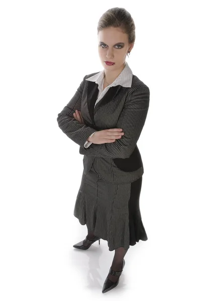 Young Woman Gray Business Suit High Heels Posing Folded Arms — Stock Photo, Image