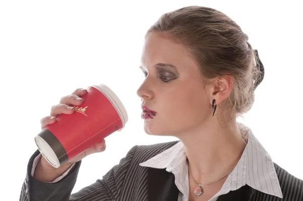 Giovane Donna Abito Lavoro Grigio Tacchi Alti Posa Con Una — Foto Stock