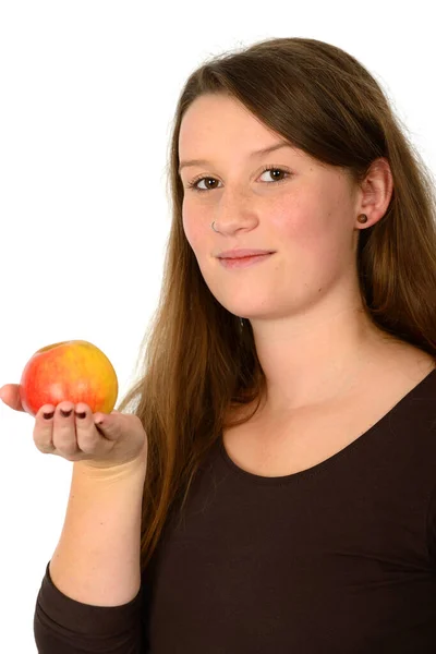 Ung Kvinna Med Äpple — Stockfoto