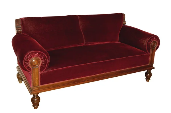 Antyczna Ciężka Sofa Czerwonym Aksamitem Białym Tle — Zdjęcie stockowe