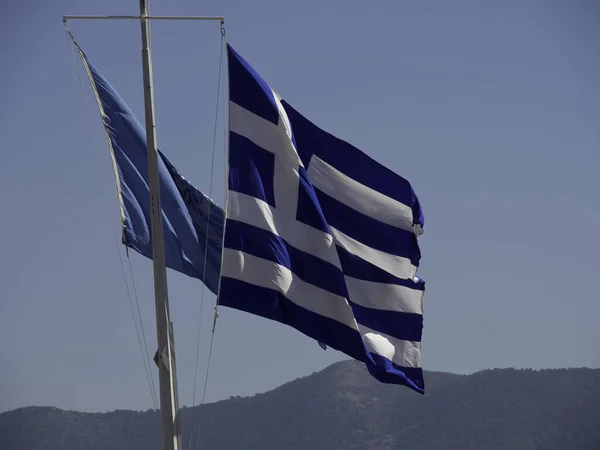Flaga Grecka Tle Błękitnego Nieba — Zdjęcie stockowe