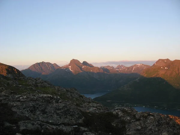 Zachód Słońca Sigerfjord Wyspach Lofoten Norwegia — Zdjęcie stockowe