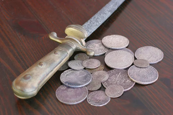 Old German Coins Sword — Stock Photo, Image