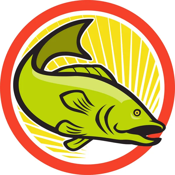 Illustrazione Pesce Persico Trota Saltando Fatto Stile Cartone Animato Sfondo — Foto Stock