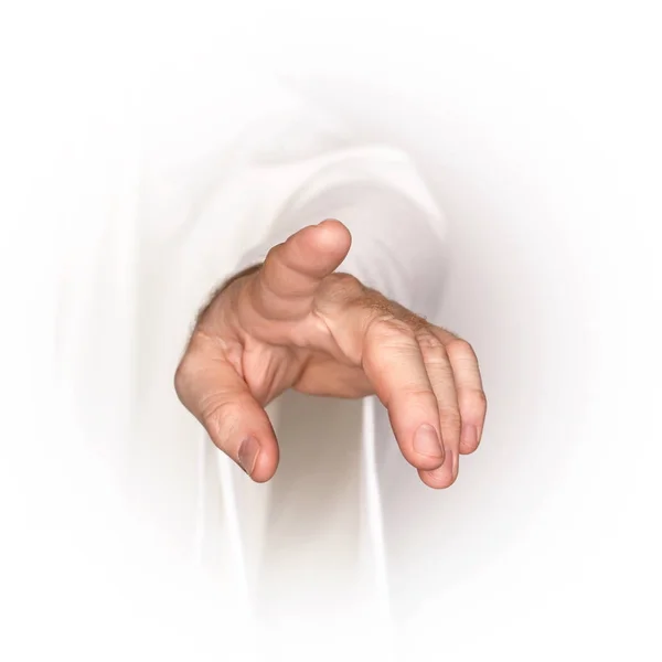 Ανδρικό Χέρι Λευκή Ρόμπα Που Δείχνει Κάτι — Φωτογραφία Αρχείου