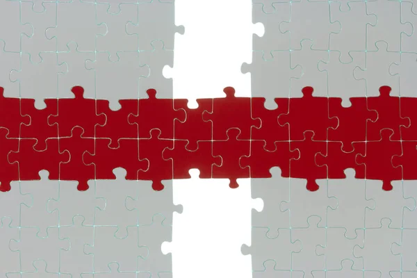 Zwei Weiße Puzzlehälften Sind Auf Farbige Weise Miteinander Verbunden — Stockfoto