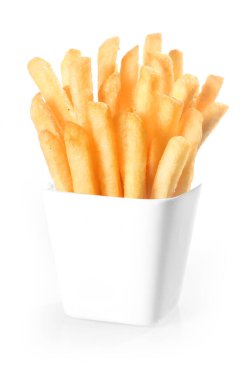 Crisp deep-fried golden potato chips, or French fries, standing upright in a plain white ceramic container over a white background clipart