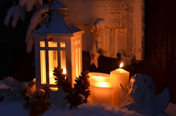 Lanterna Nella Neve Buon Natale Lume Candela — Foto Stock