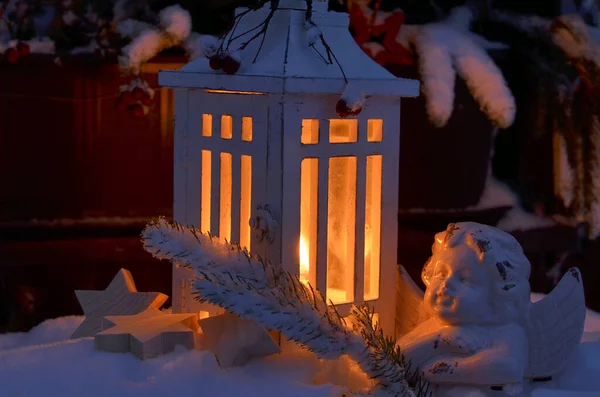 Lantaarn Sneeuw Vrolijk Kerstmis Kaarslicht — Stockfoto