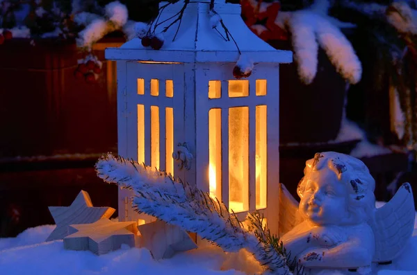 Lanterna Nella Neve Buon Natale Lume Candela — Foto Stock