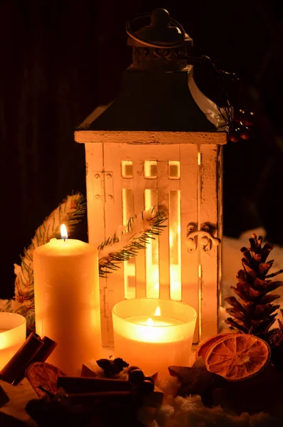 Lanterna Nella Neve Buon Natale Lume Candela — Foto Stock