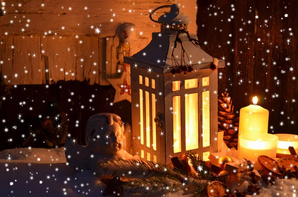 Фонарь Снегу Рождеством Христовым Свечи — стоковое фото