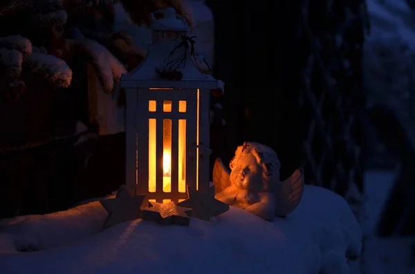 Lanterna Neve Alegre Luz Velas Natal — Fotografia de Stock