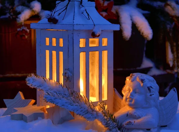 Linterna Nieve Feliz Navidad Vela Luz — Foto de Stock