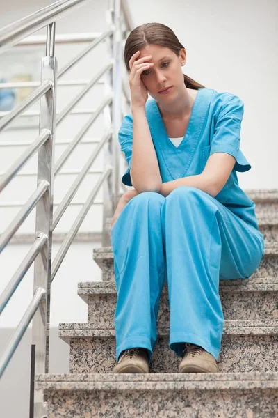 Thinking Woman Sitting Stairs Hospital — Stock Photo, Image