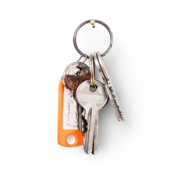 Schlüssel Und Schlüsselanhänger Hängen Nagel Vor Weißem Hintergrund Clipping Pfad — Stockfoto