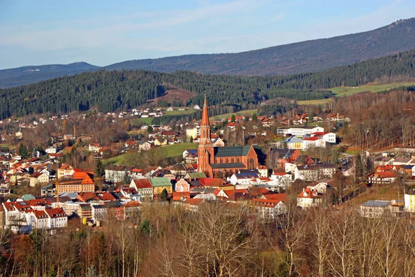 Stad Zwiesel Med Katedralen Viken Skog — Stockfoto