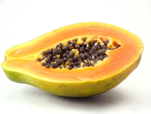 Green Papaya Orange Yellow Flesh Black Seeds Cut Half White — Stock Photo, Image