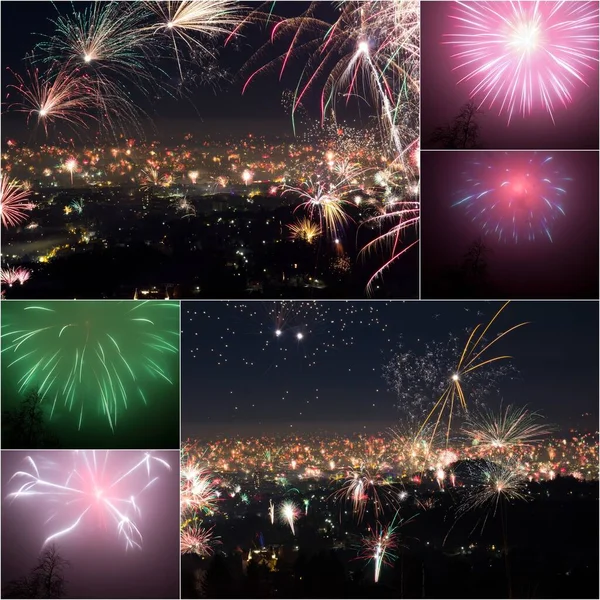 Explodindo Fogos Artifício Coloridos Céu — Fotografia de Stock